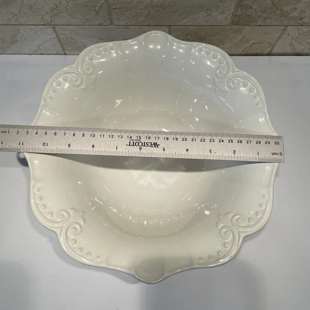 Ceriart Portugal Cream White Scalloped Ceramic Serving Bowl Scroll Beaded 11.5in